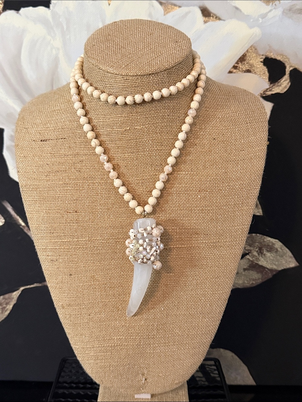 Long Beige Howlite Bead Necklace with Druzy Pendant - Women's Jewelry